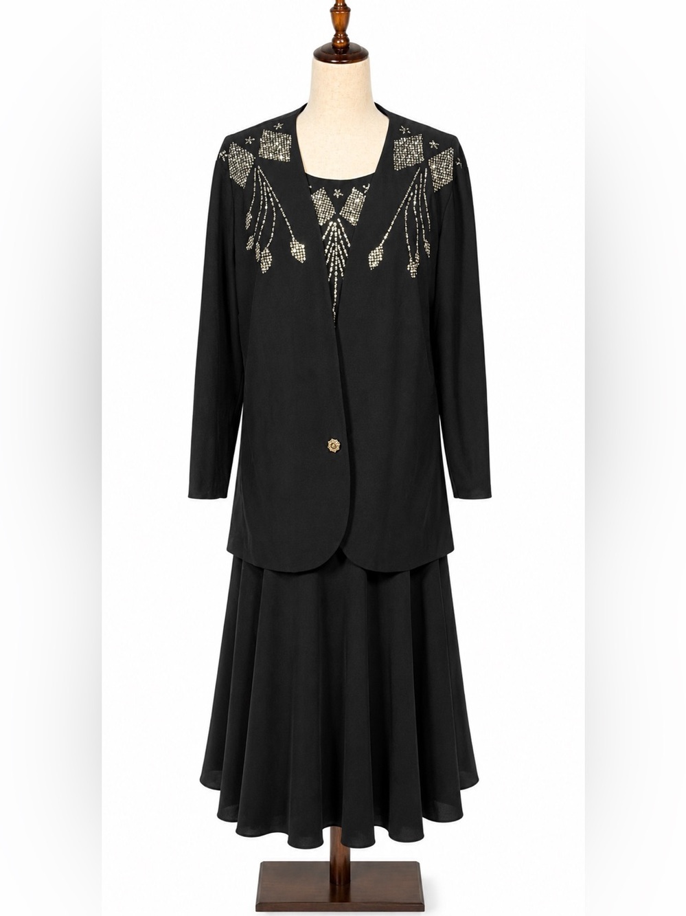 Vintage Cue, 80s rhinestone dress and matching jacket.  Art deco esque- 1X
